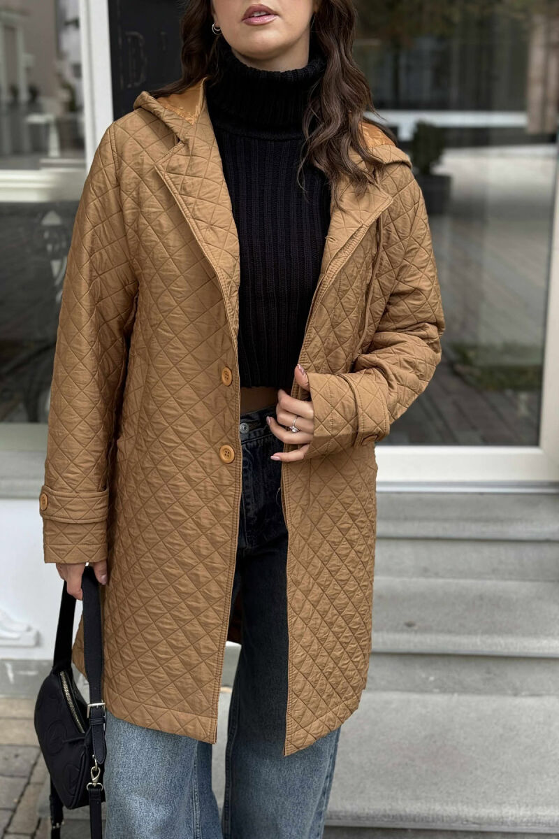 LONG ONE COLOR HOODED WOMEN JACKET LIGHT BROWN/KAZB - 3