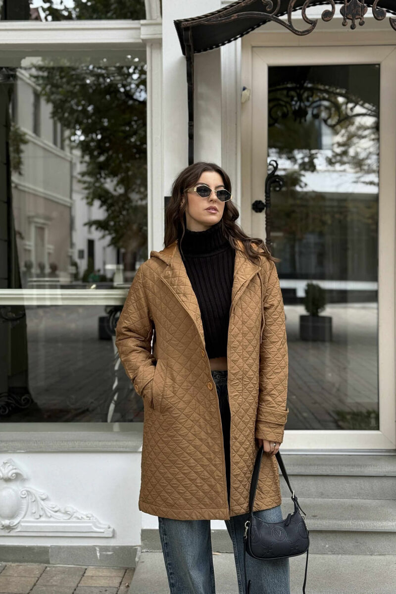 LONG ONE COLOR HOODED WOMEN JACKET LIGHT BROWN/KAZB - 4