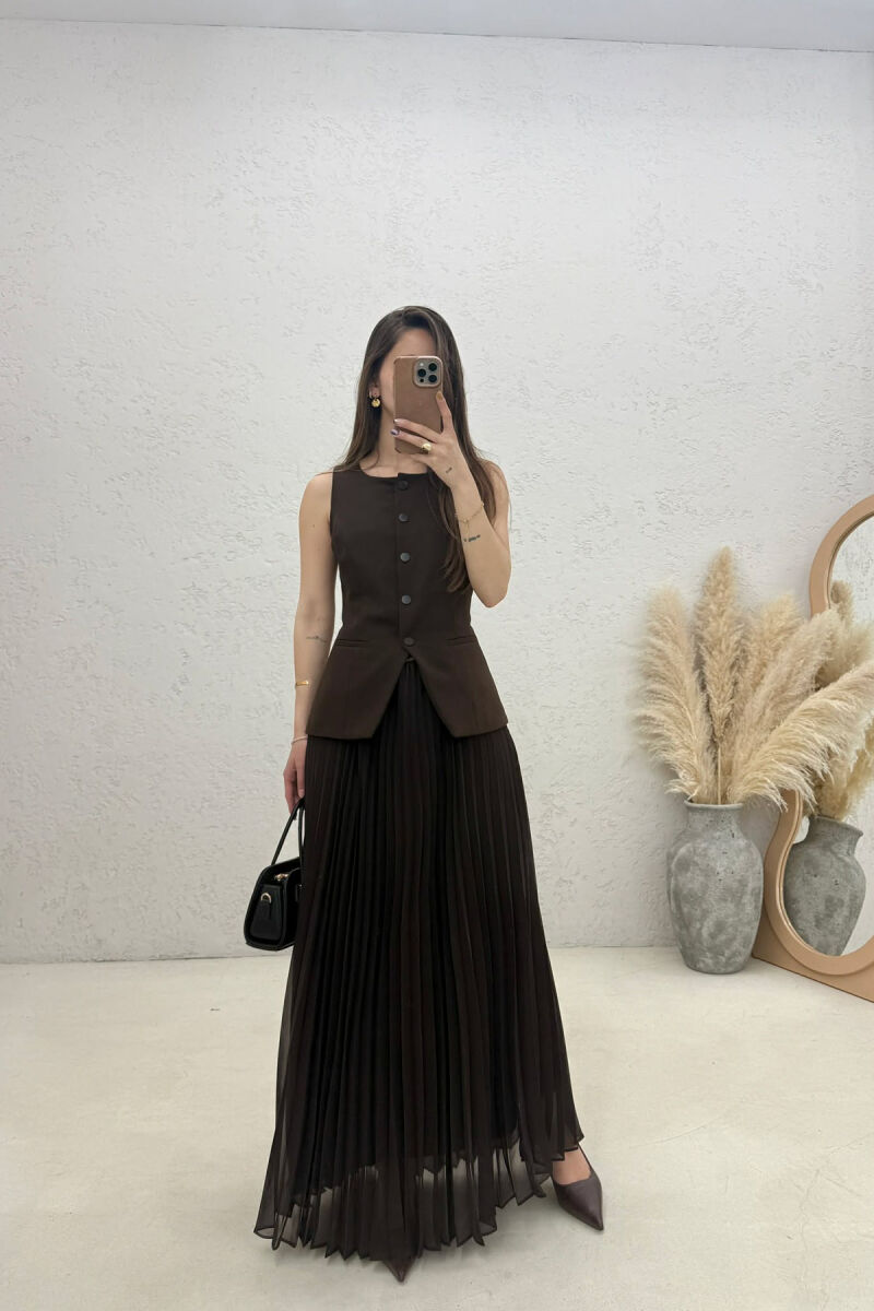 LONG ONE COLOR SLEEVELESS WOMEN DRESS BROWN/KAFE - 1