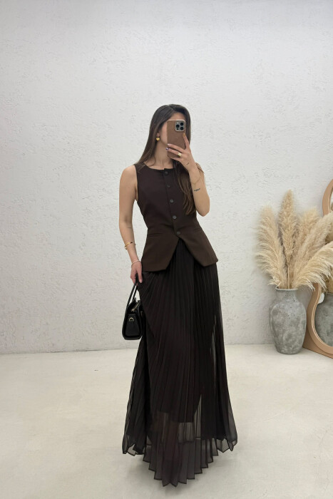 LONG ONE COLOR SLEEVELESS WOMEN DRESS BROWN/KAFE - 3