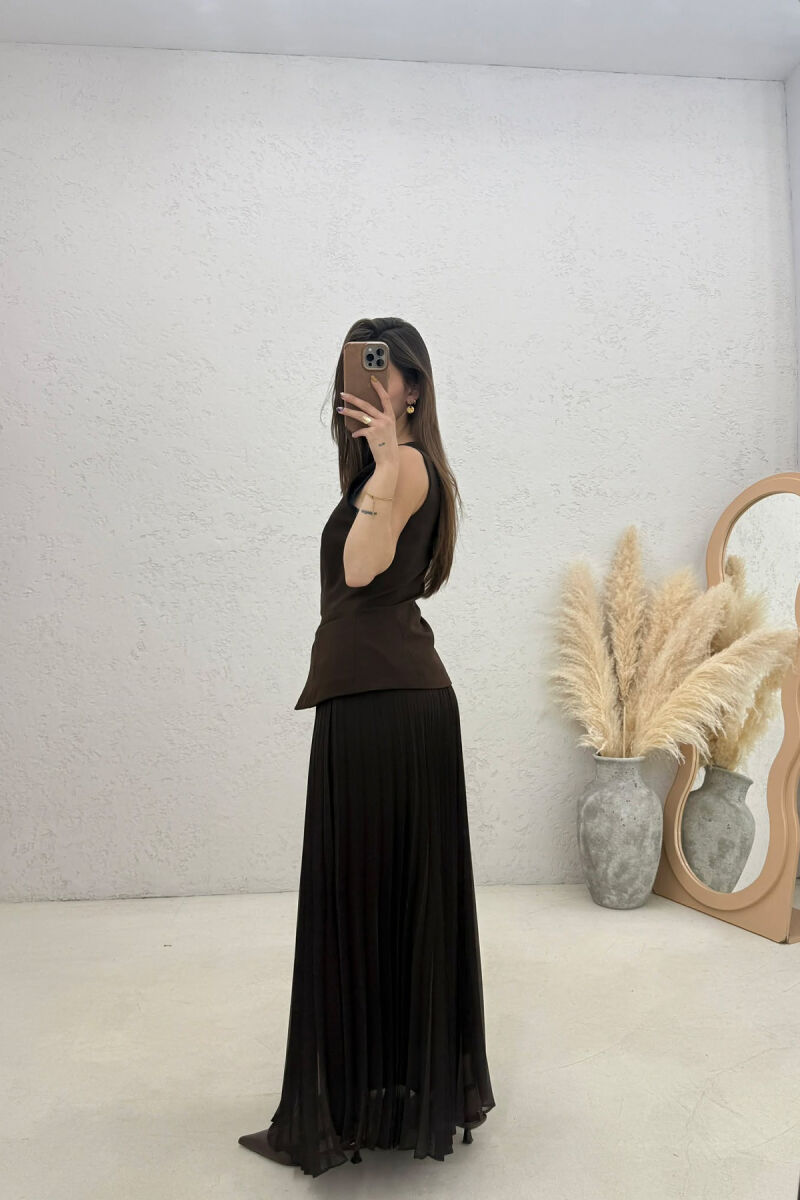 LONG ONE COLOR SLEEVELESS WOMEN DRESS BROWN/KAFE - 4