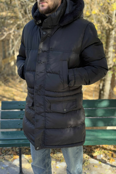LONG PUFFER FUR HOOD DETAIL MEN JACKET WITH POCKETS BLACK/ E ZEZE - 5
