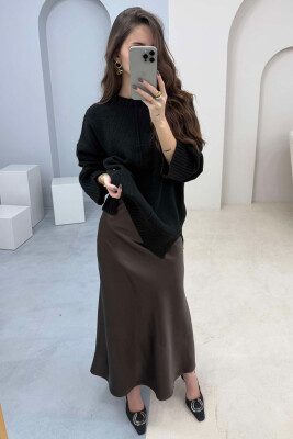 LONG SATIN WOMEN SKIRT DARK BROWN/KAE 