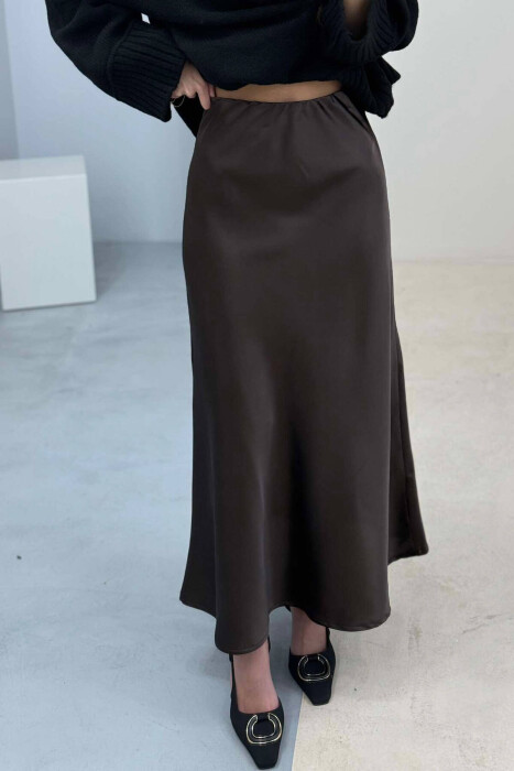 LONG SATIN WOMEN SKIRT DARK BROWN/KAE - 2