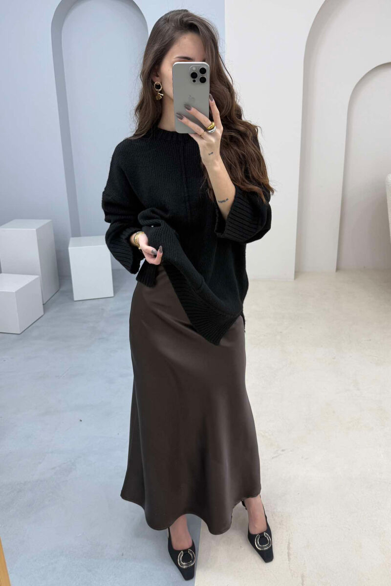 LONG SATIN WOMEN SKIRT DARK BROWN/KAE - 1