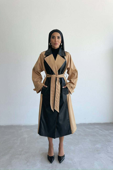 LONG SIMPLE BELT DETAIL WOMEN TRENCH COAT BLACK-BEIGE/ZEBE - KLAUDIO FASHION