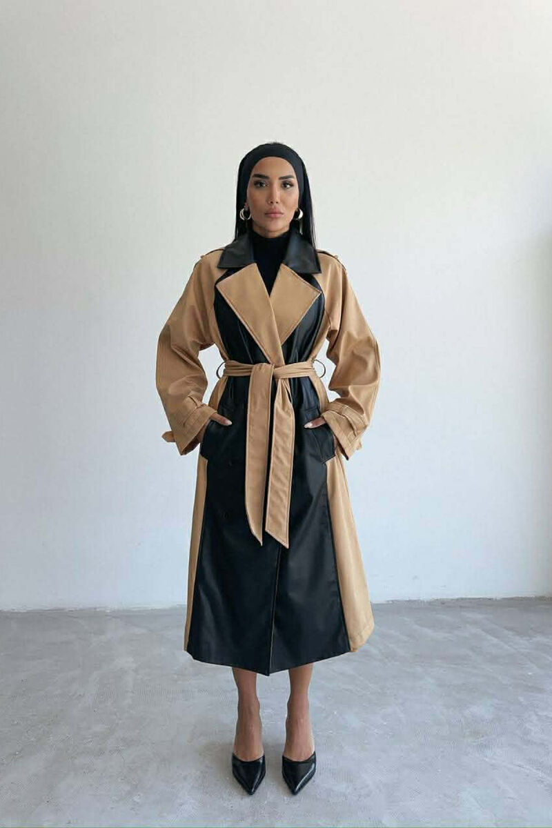 LONG SIMPLE BELT DETAIL WOMEN TRENCH COAT BLACK-BEIGE/ZEBE - 1