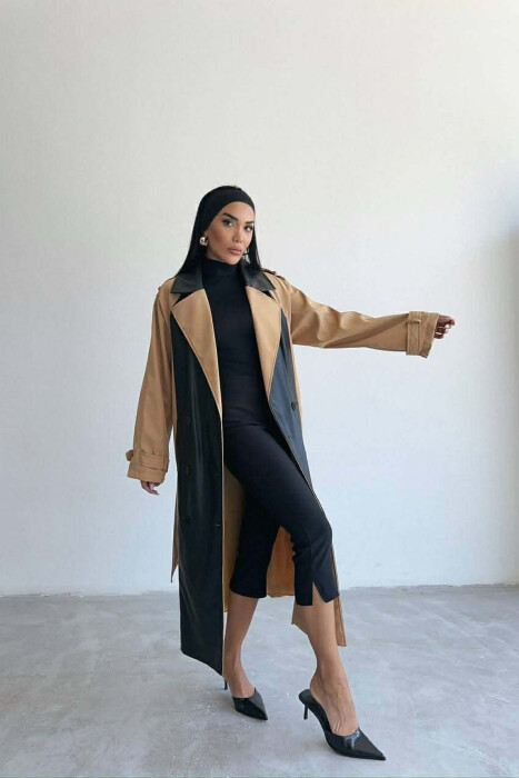 LONG SIMPLE BELT DETAIL WOMEN TRENCH COAT BLACK-BEIGE/ZEBE - 2