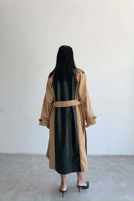 LONG SIMPLE BELT DETAIL WOMEN TRENCH COAT BLACK-BEIGE/ZEBE - 3