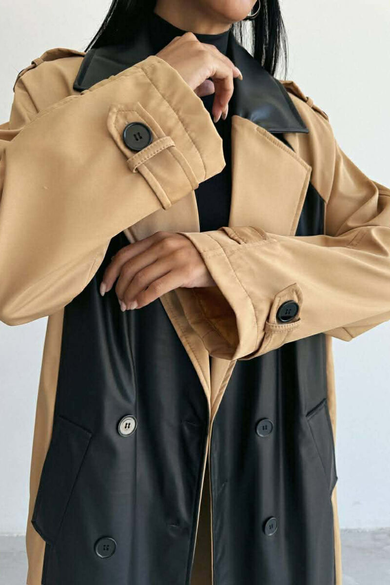 LONG SIMPLE BELT DETAIL WOMEN TRENCH COAT BLACK-BEIGE/ZEBE - 4