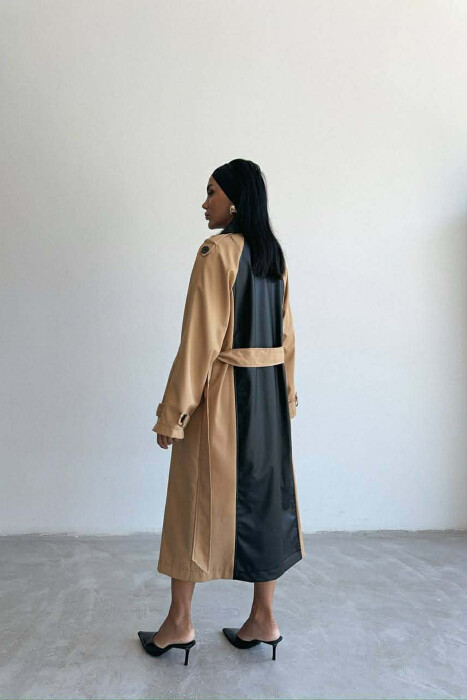 LONG SIMPLE BELT DETAIL WOMEN TRENCH COAT BLACK-BEIGE/ZEBE - 5