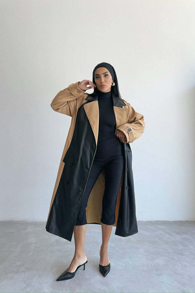 LONG SIMPLE BELT DETAIL WOMEN TRENCH COAT BLACK-BEIGE/ZEBE - 7