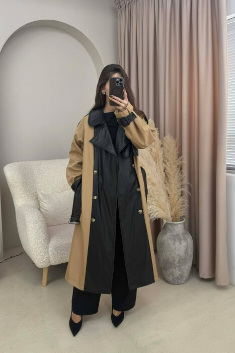 LONG SIMPLE BUTTONED WOMEN TRENCH COAT BLACK-BEIGE/ZEBE - 1