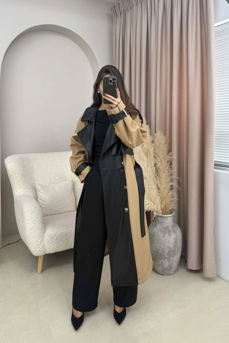 LONG SIMPLE BUTTONED WOMEN TRENCH COAT BLACK-BEIGE/ZEBE - 2