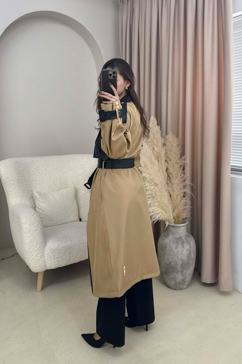 LONG SIMPLE BUTTONED WOMEN TRENCH COAT BLACK-BEIGE/ZEBE - 3