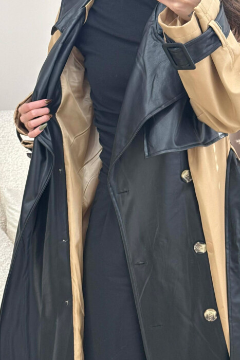 LONG SIMPLE BUTTONED WOMEN TRENCH COAT BLACK-BEIGE/ZEBE - 4
