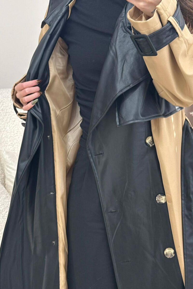 LONG SIMPLE BUTTONED WOMEN TRENCH COAT BLACK-BEIGE/ZEBE - 4