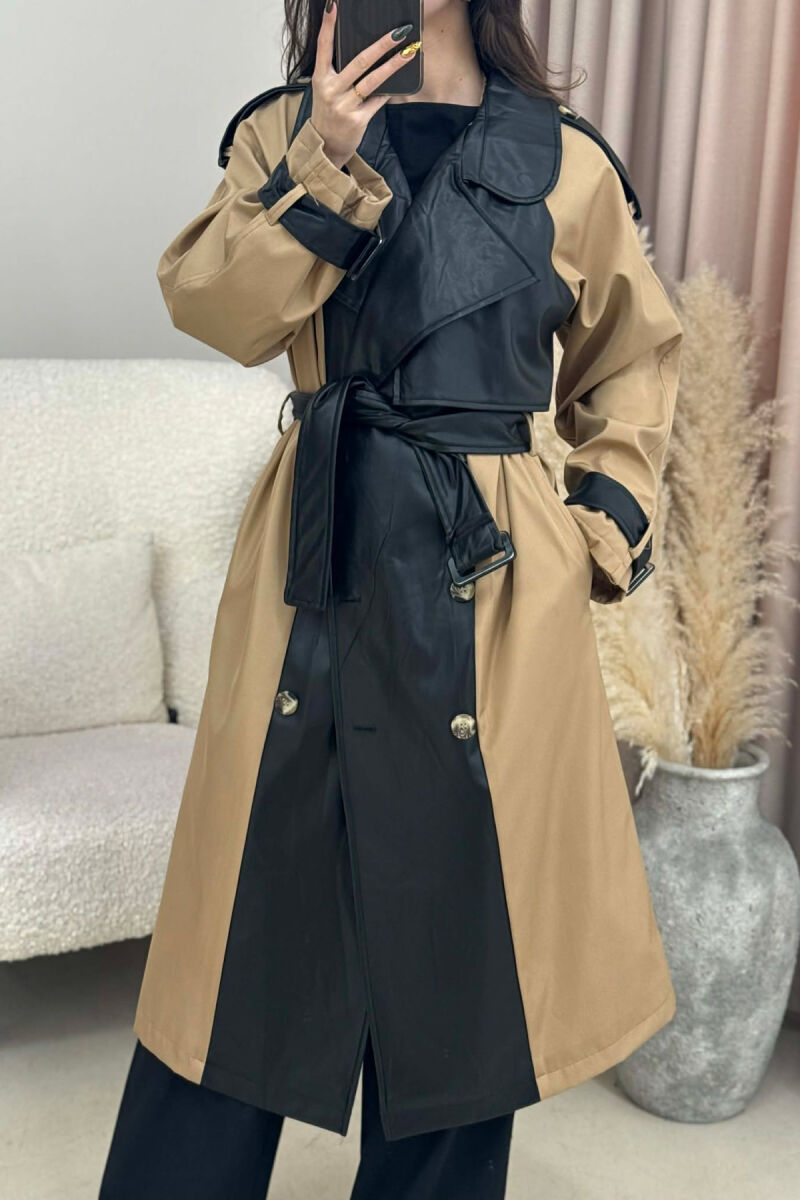 LONG SIMPLE BUTTONED WOMEN TRENCH COAT BLACK-BEIGE/ZEBE - 5