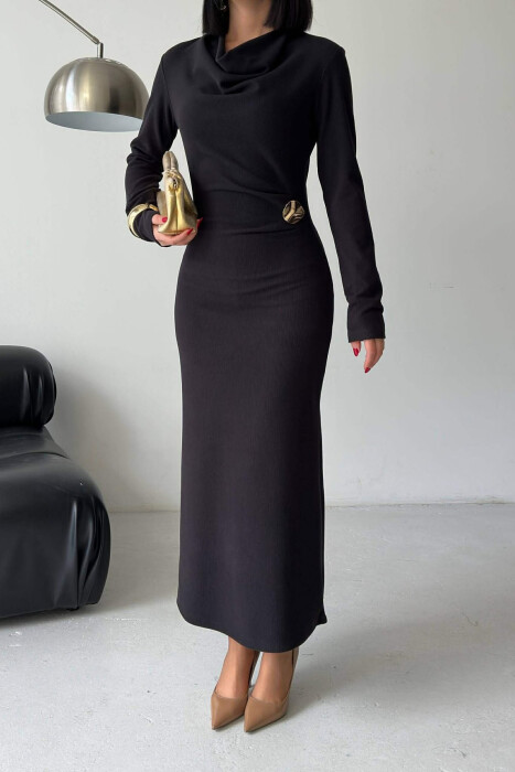 LONG SLEEVE ONE COLOR GOLD BUTTON WOMEN DRESS BLACK/ E ZEZE - 3
