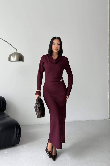 LONG SLEEVE ONE COLOR GOLD BUTTON WOMEN DRESS BURGUNDY/VISHNJE - 