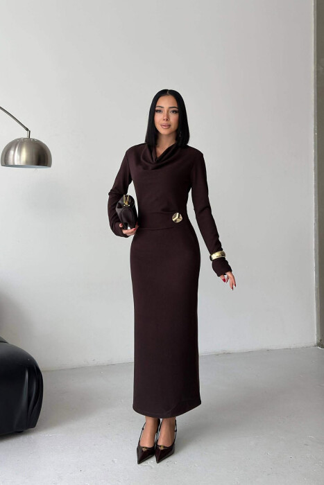 LONG SLEEVE ONE COLOR GOLD BUTTON WOMEN DRESS DARK BROWN/KAE - 1