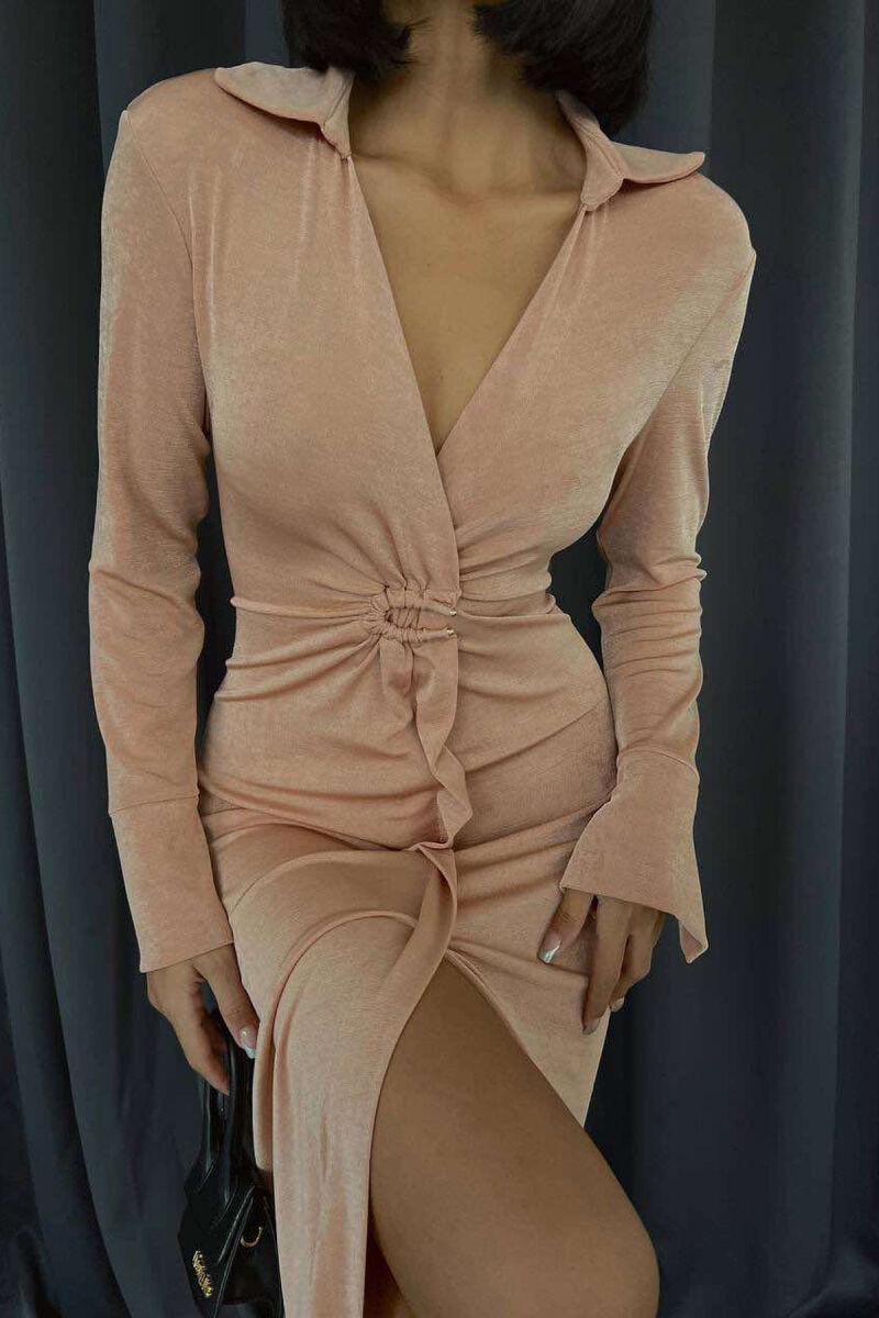 LONG SLEEVE OPEN FRONT WOMEN DRESS BEIGE/BEZHE - 3