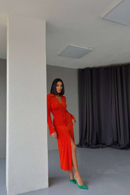 LONG SLEEVE OPEN FRONT WOMEN DRESS ORANGE/PORTOKALLI 