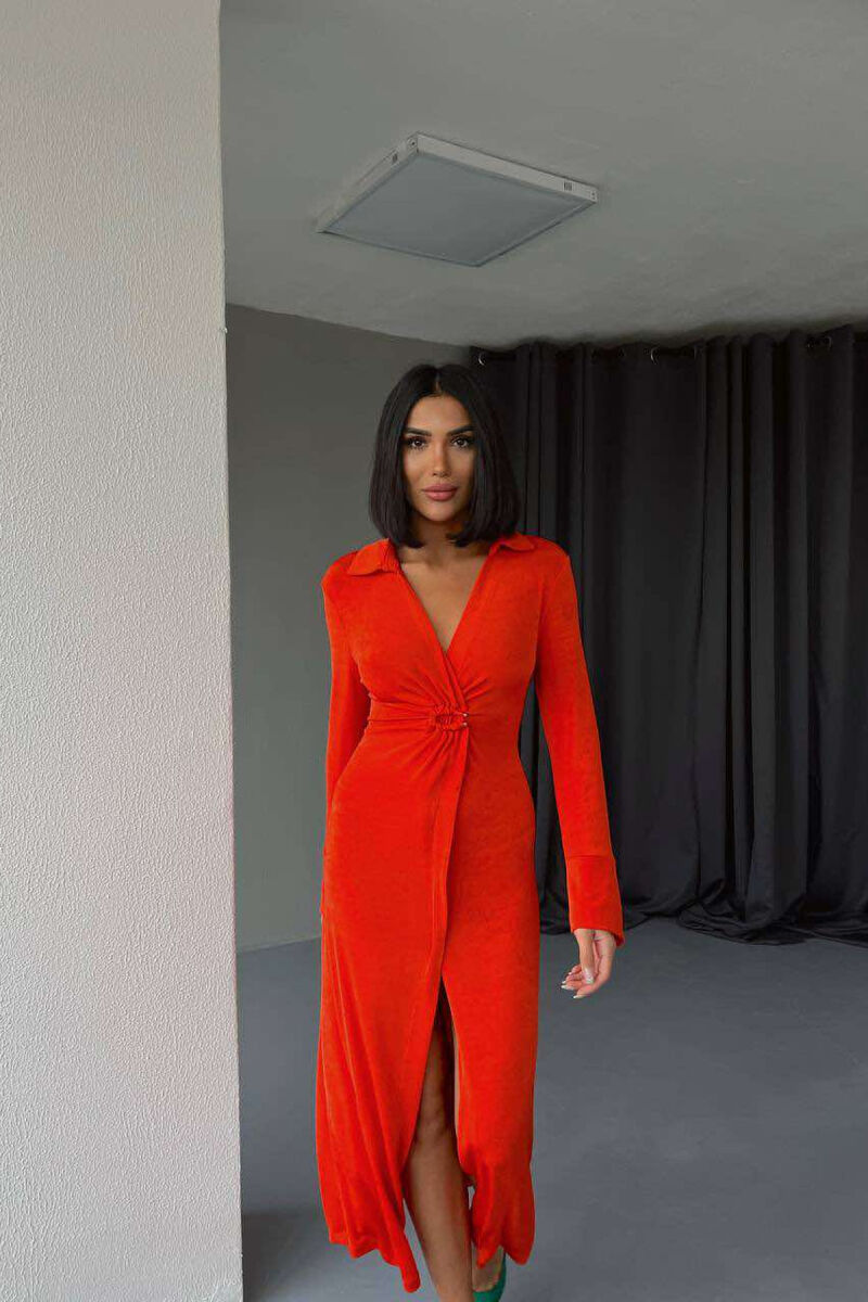 LONG SLEEVE OPEN FRONT WOMEN DRESS ORANGE/PORTOKALLI - 3