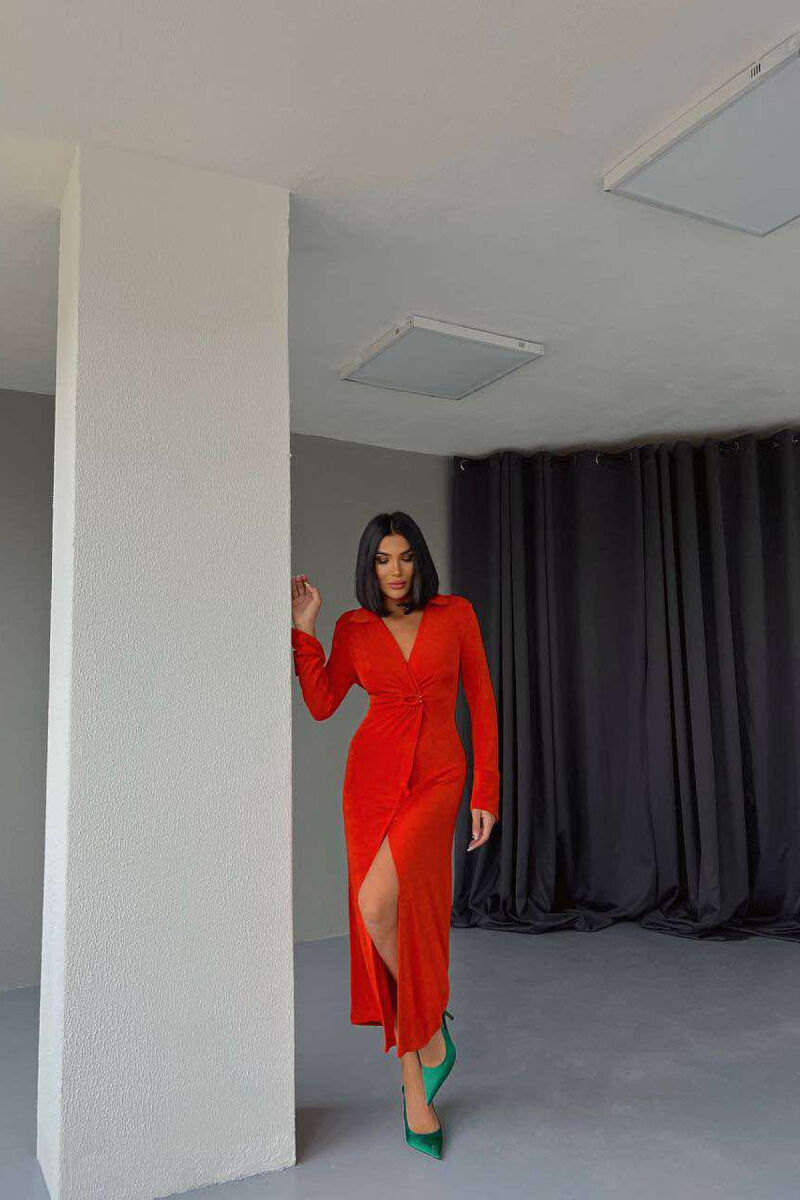 LONG SLEEVE OPEN FRONT WOMEN DRESS ORANGE/PORTOKALLI - 4