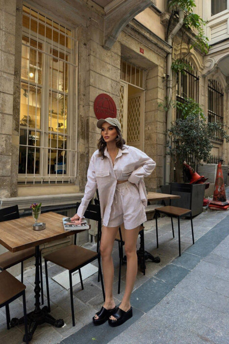 LONG SLEEVE SHIRT+SHORTS WOMEN SET BEIGE/BEZHE - 3