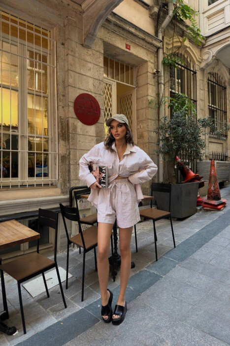 LONG SLEEVE SHIRT+SHORTS WOMEN SET BEIGE/BEZHE - 4