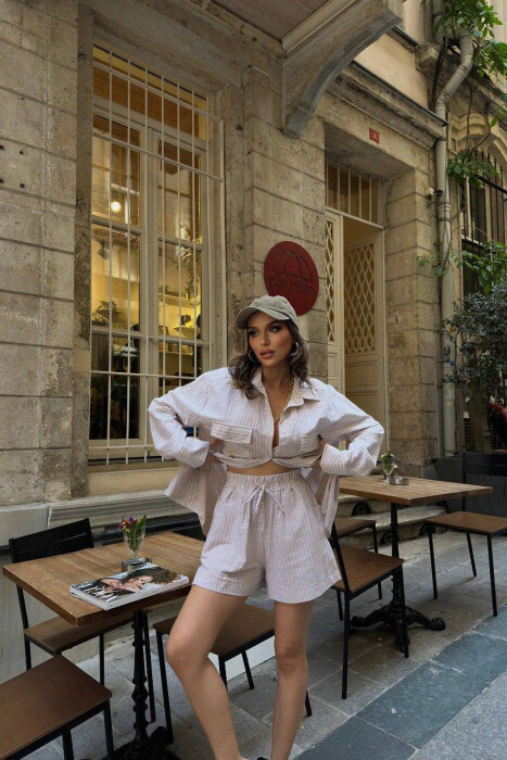 LONG SLEEVE SHIRT+SHORTS WOMEN SET BEIGE/BEZHE - 6
