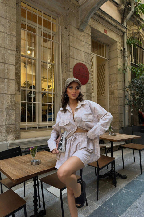 LONG SLEEVE SHIRT+SHORTS WOMEN SET BEIGE/BEZHE - 8