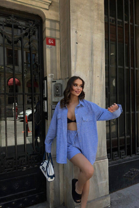 LONG SLEEVE SHIRT+SHORTS WOMEN SET LIGHTBLUE/BZ - 6