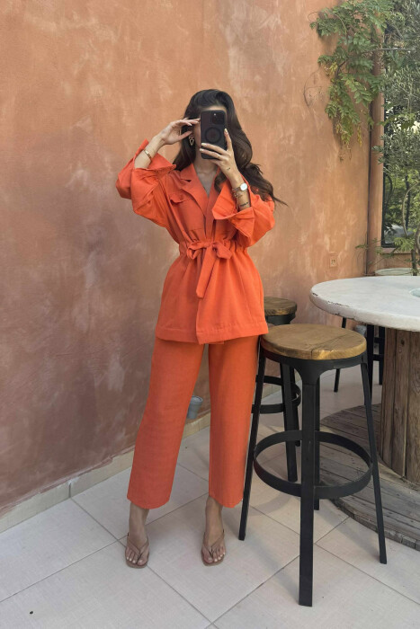 LONG SLEEVE SHIRT+TROUSERS LACING WOMEN SET ORANGE/PORTOKALLI - 1