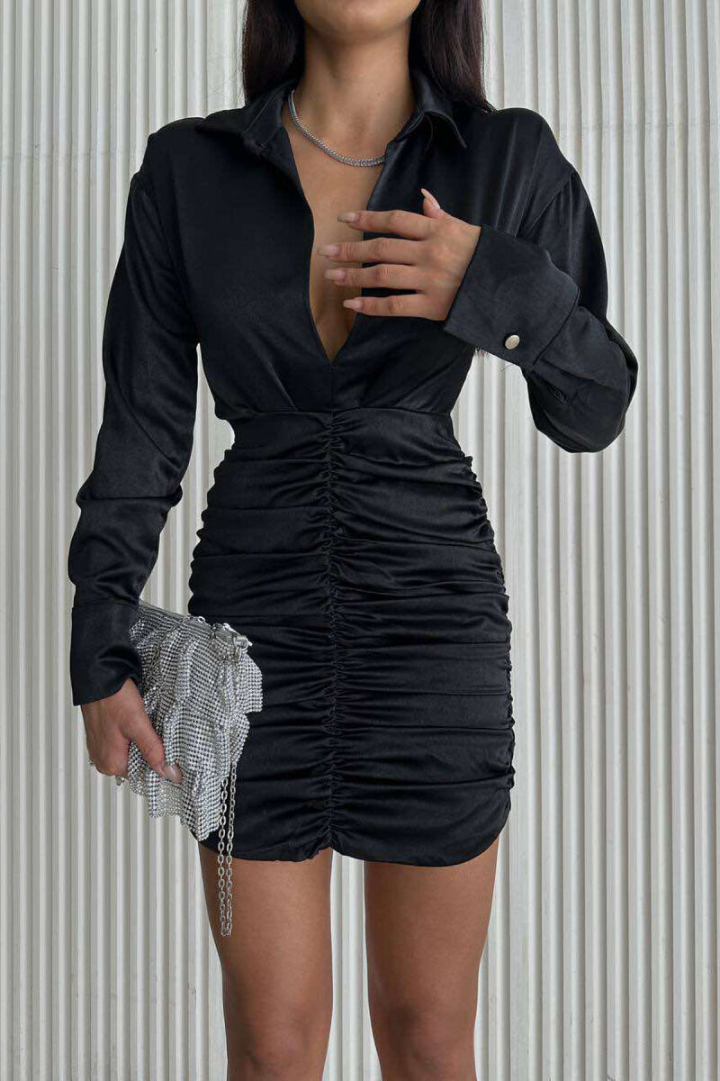 LONG SLEEVE WAVING WOMEN DRESS BLACK/ E ZEZE - 1