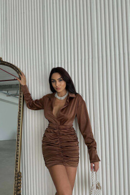 LONG SLEEVE WAVING WOMEN DRESS BROWN/KAFE 