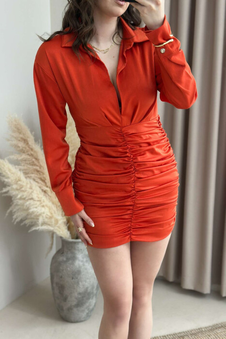 LONG SLEEVE WAVING WOMEN DRESS ORANGE/PORTOKALLI - 4