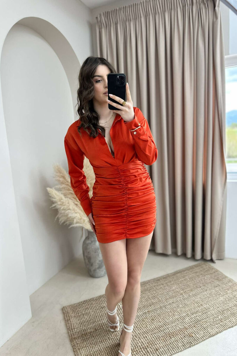 LONG SLEEVE WAVING WOMEN DRESS ORANGE/PORTOKALLI - 8