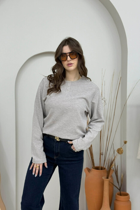 LONG SLEEVES BUTTONS WOMEN SWEATSHIRT LIGHT BROWN/KAZB - 2