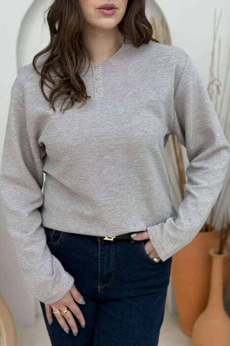 LONG SLEEVES BUTTONS WOMEN SWEATSHIRT LIGHT BROWN/KAZB - 4