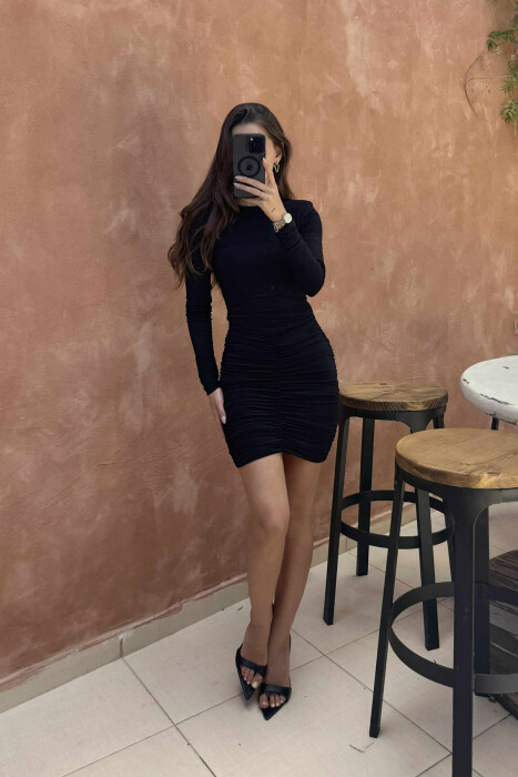 LONG SLEEVES ONE COLOR SHORT WOMEN DRESS BLACK/ E ZEZE - 2