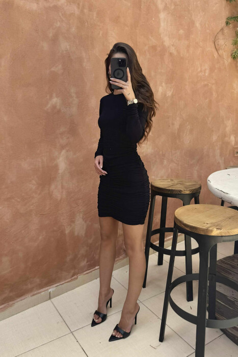 LONG SLEEVES ONE COLOR SHORT WOMEN DRESS BLACK/ E ZEZE - 3