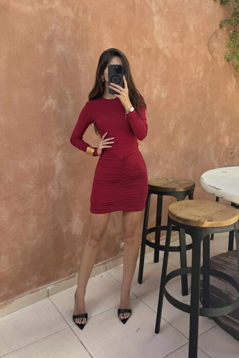 LONG SLEEVES ONE COLOR SHORT WOMEN DRESS BURGUNDY/VISHNJE 