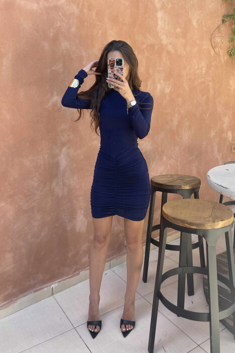 LONG SLEEVES ONE COLOR SHORT WOMEN DRESS DARK BLUE/BEE - 5