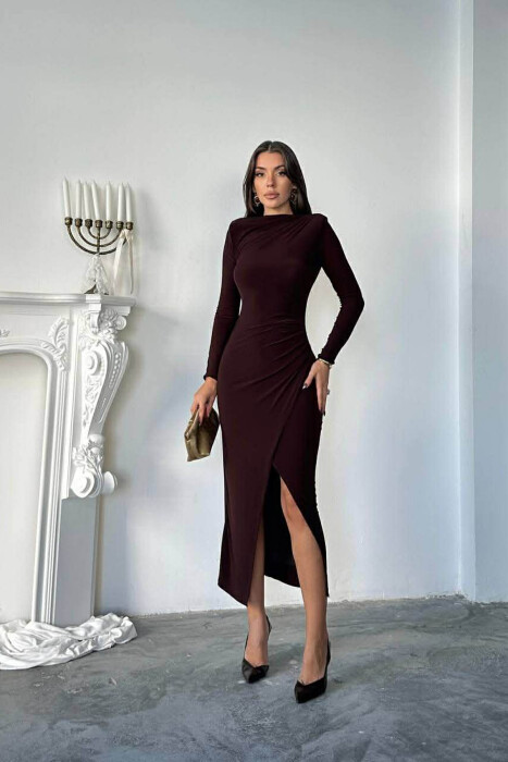 LONG SLEEVES ONE COLOR WOMEN DRESS DARK BROWN/KAE - 1
