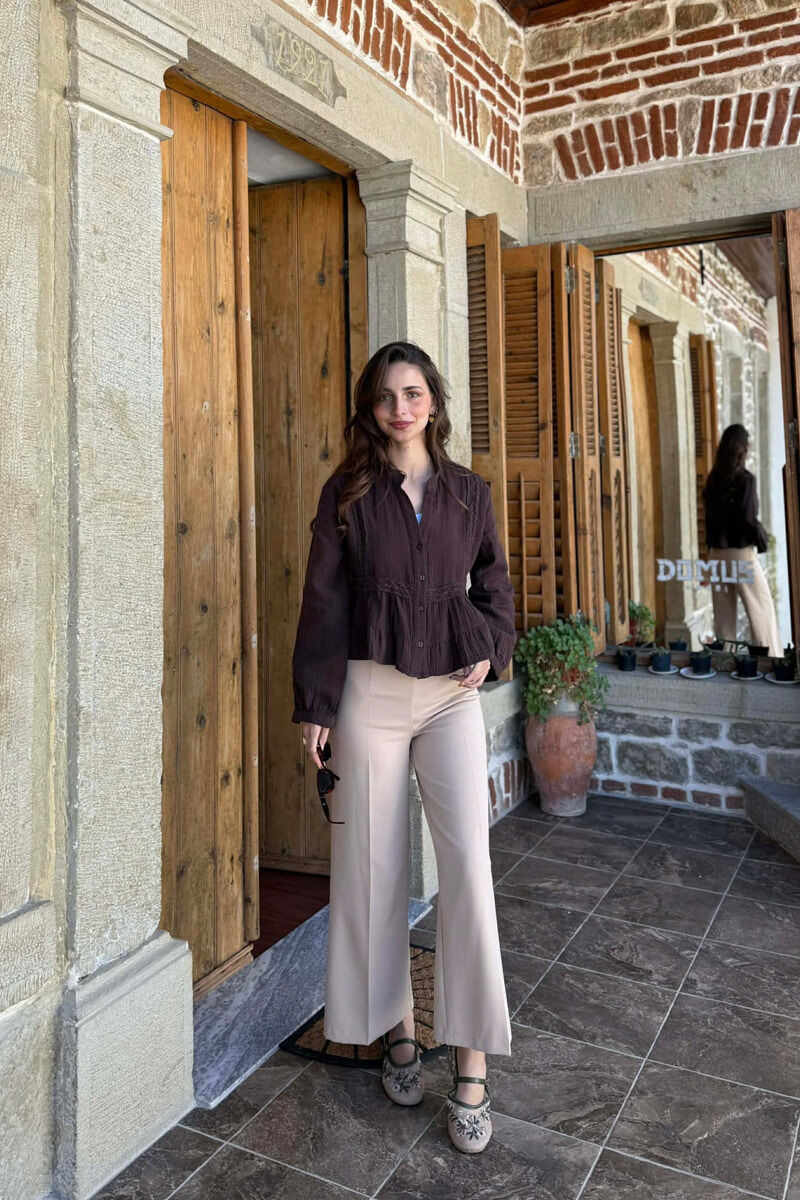 LONG SLEEVES ONE COLOR WOMEN SHIRT BROWN/KAFE - 3