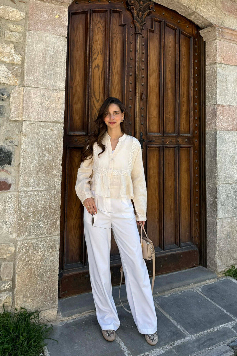 LONG SLEEVES ONE COLOR WOMEN SHIRT CREAM/KREM - 2