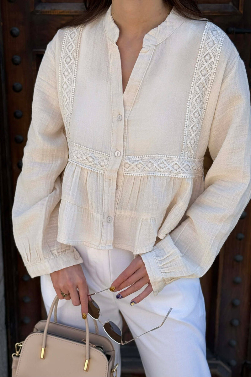 LONG SLEEVES ONE COLOR WOMEN SHIRT CREAM/KREM - 3