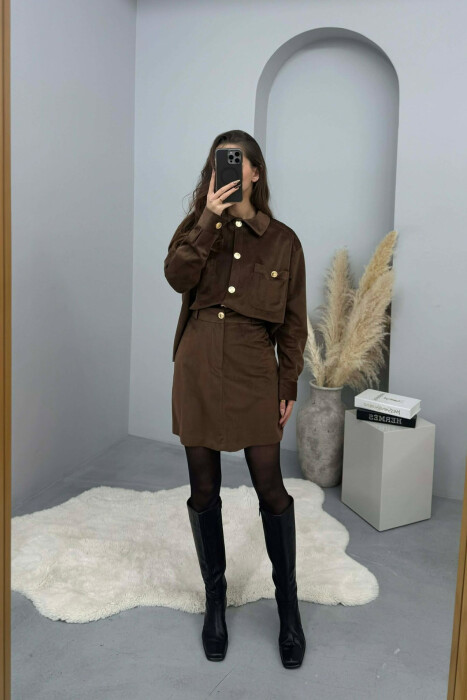 LONG SLEEVES SHIRT+SKIRT GOLD BUTTONS WOMEN SET BROWN/KAFE - 1